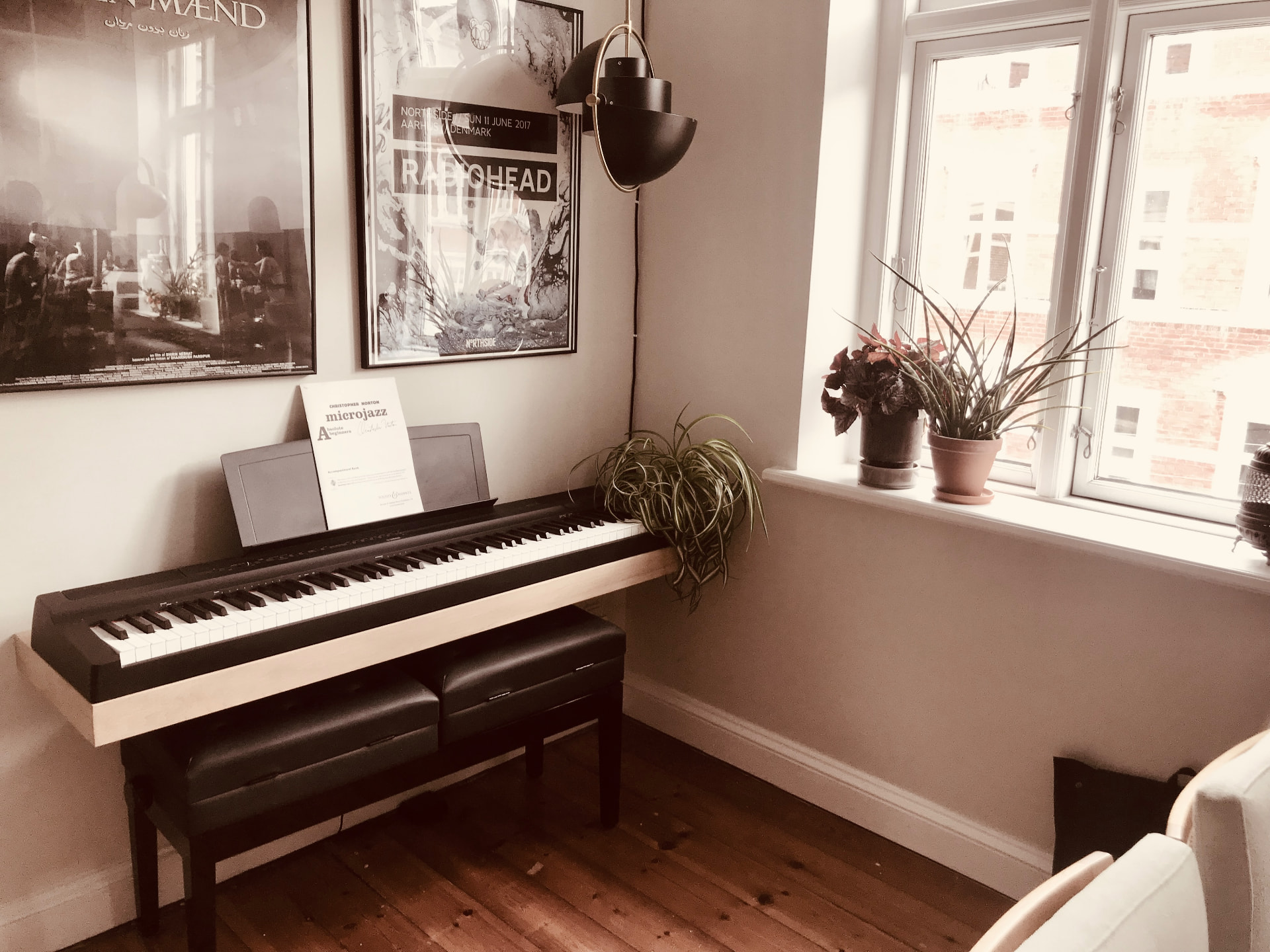 Customer photo of an oak wall-mounted piano shelf in an apartment with concert posters and plants